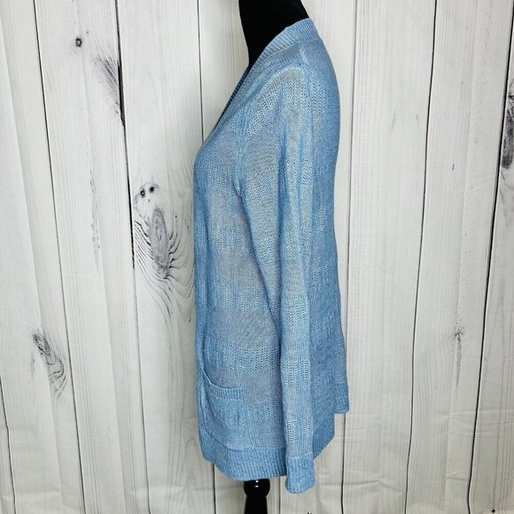 Talbots Womens Sz M Blue 100% Linen Open Front Duster Cardigan Sweater - Picture 8 of 13